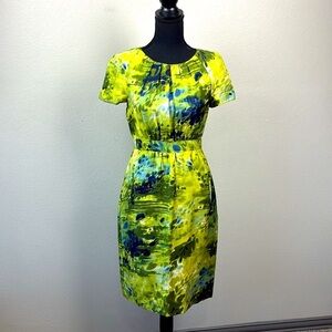 Peter Som Silk Dress Green Watercolor Print Short Sleeves Pockets Pleated  0